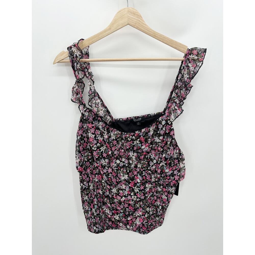 Willow Black Pink Microfloral Ruched Smock Ruffle Sleeve‎ Tank Top Womens 2X NEW